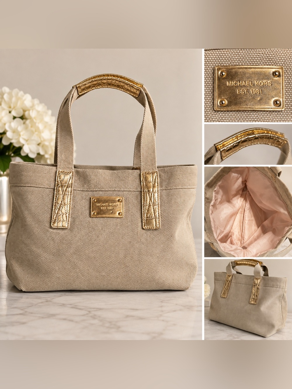 Michael Kors Canvas Tote Bag with Gold Croc Accents — NWOT